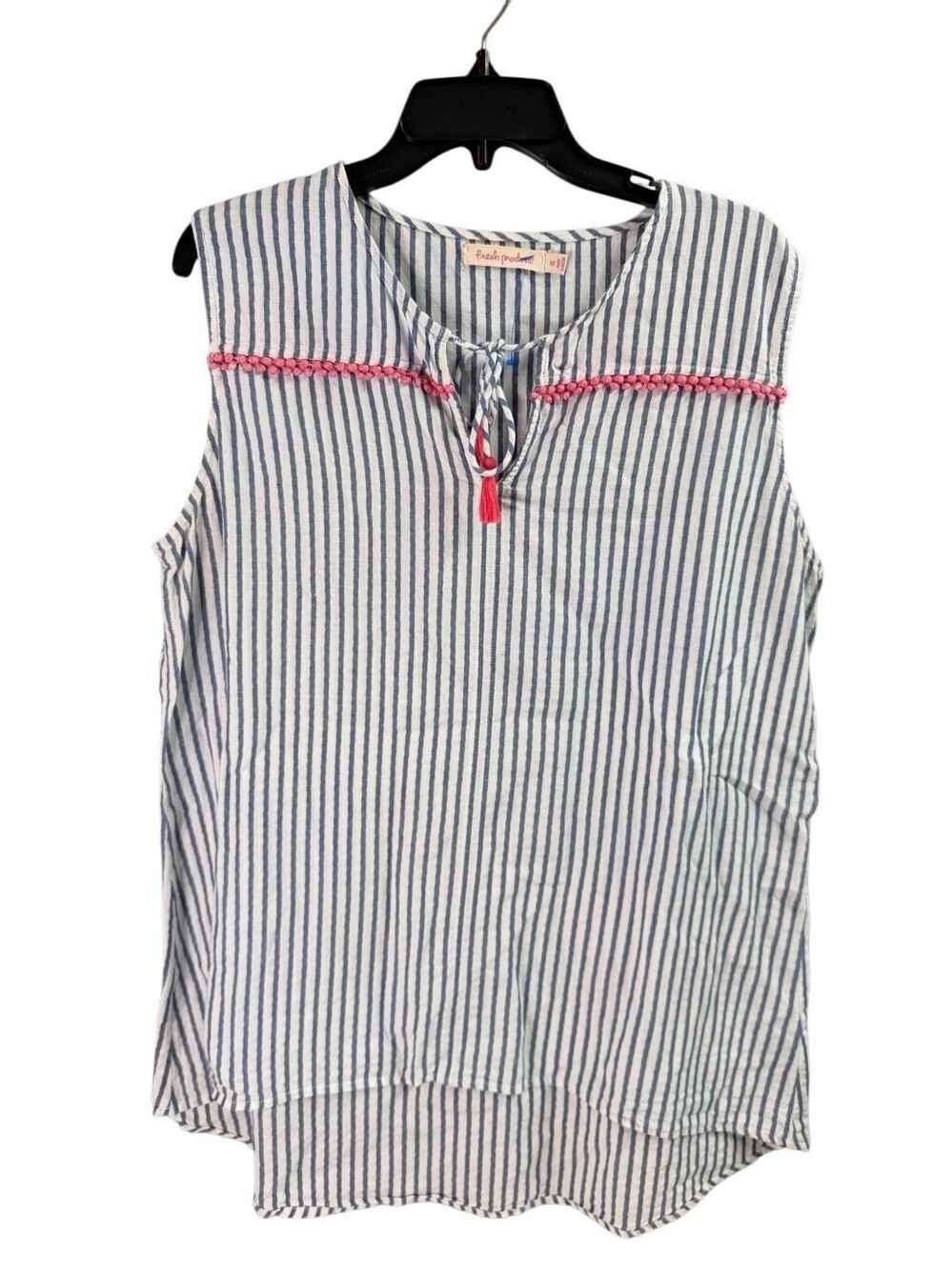 Fresh Produce XL Coastal Stripe Tassel Tie Sleeveless Boho Beach Blouse Top